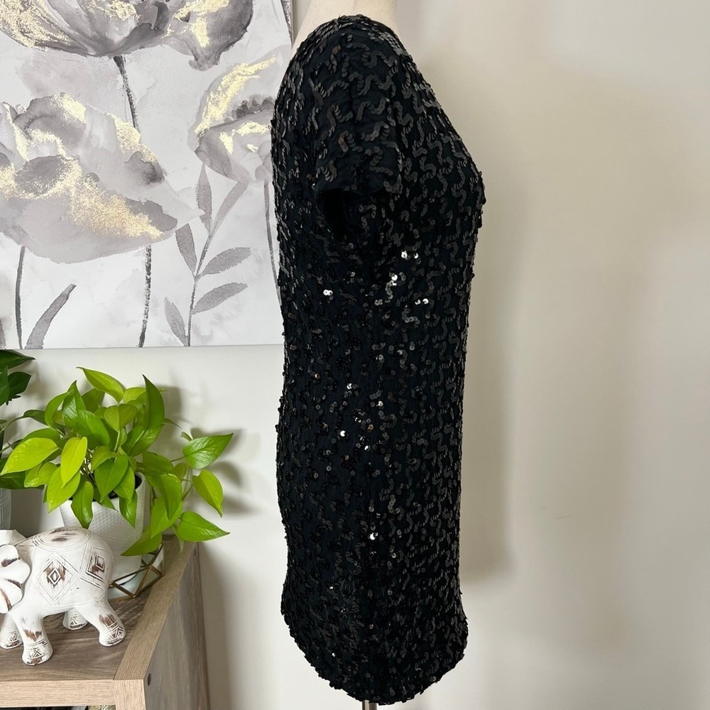 Vtg Petite Lanz Black Sequin Mini Cocktail Dress Made in USA Holiday Party Goth - Picture 4 of 9